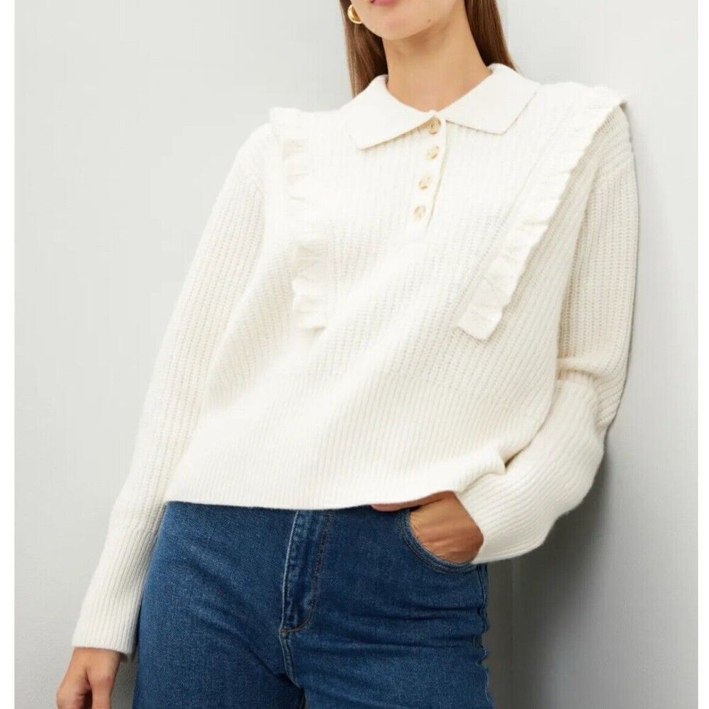 DEREK LAM 10 Crosby Noelia Sweater Women Large Ivory Ruffle Trim Pullover Polo